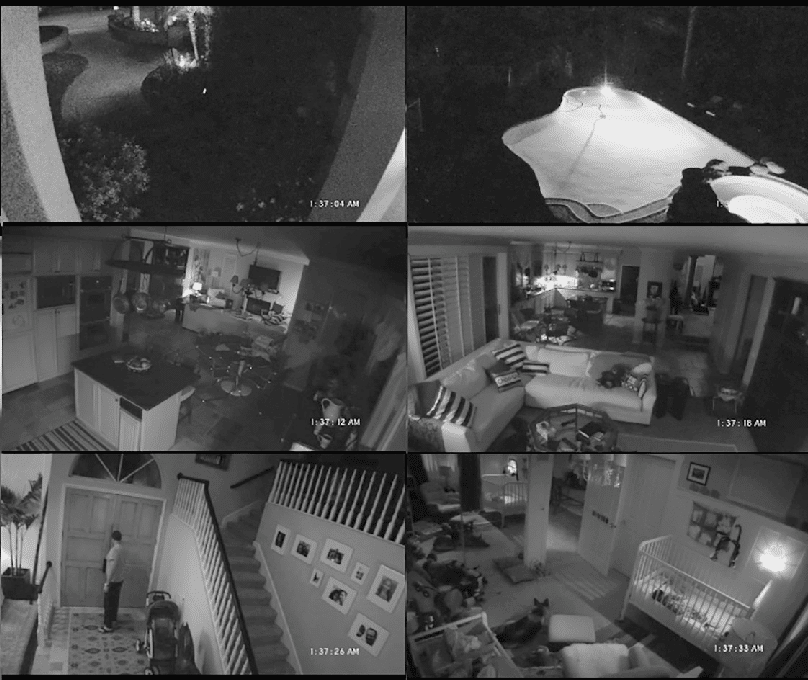 Surveillance cameras capture nighttime views of the Rey home in Paranormal Activity 2