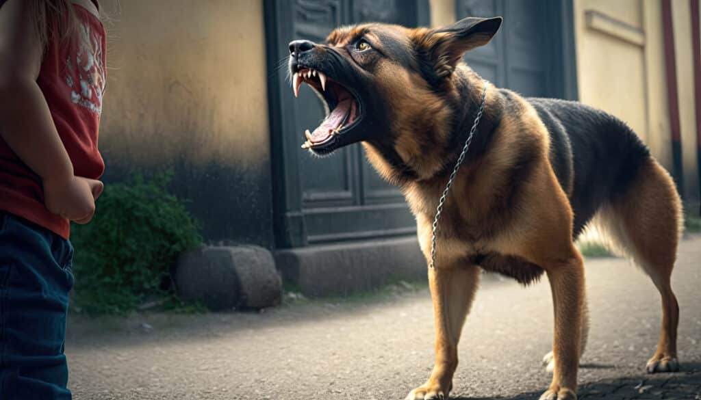 Big terrible stray dog barking and growls on little girl walking street, rabid dog attacks child